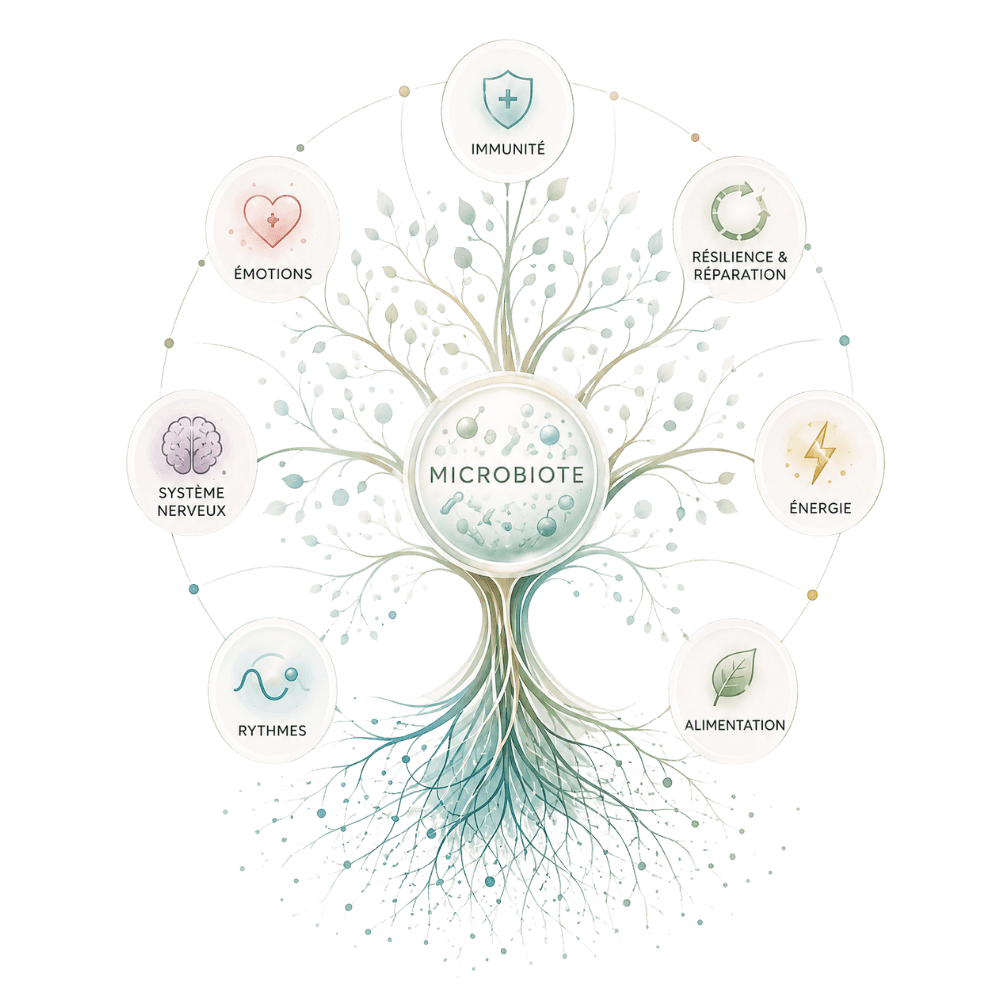 Arbre aquarelle aux racines déployées, avec le microbiote en son cœur, relié par des branches fines à des médaillons : alimentation, énergie, émotions, système nerveux, rythmes