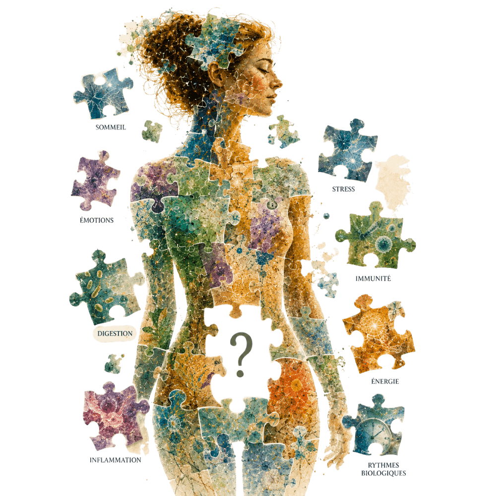 Silhouette féminine en aquarelle composée de pièces de puzzle, entourée de pièces éparses (sommeil, émotions, digestion, stress, énergie, rythmes biologiques), avec une pièce manquante marquée d'un point d'interrogation au niveau du ventre