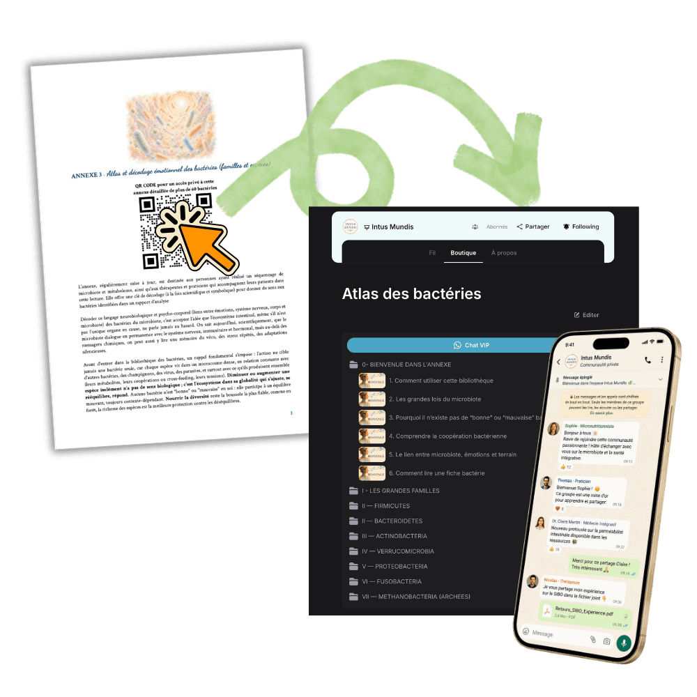 Page du livre ouverte avec un QR code et une flèche aquarelle verte menant vers une tablette affichant l'Atlas et un smartphone affichant la communauté